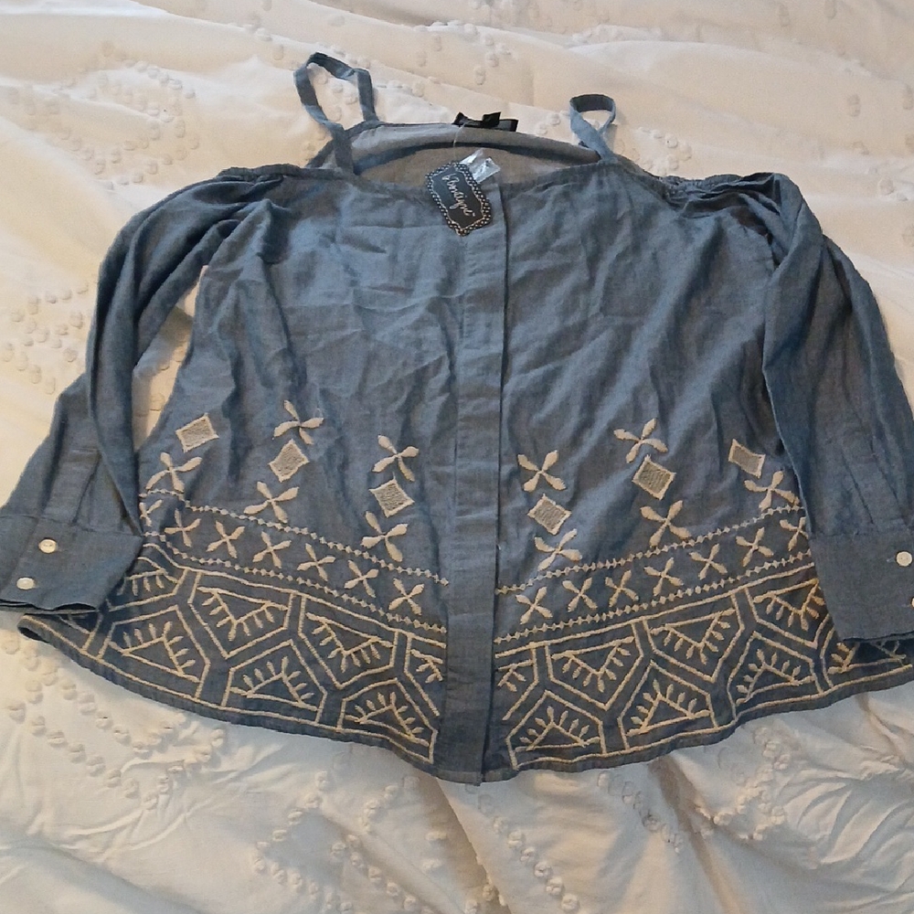Embroidered Blue Off Shoulder Women's Top